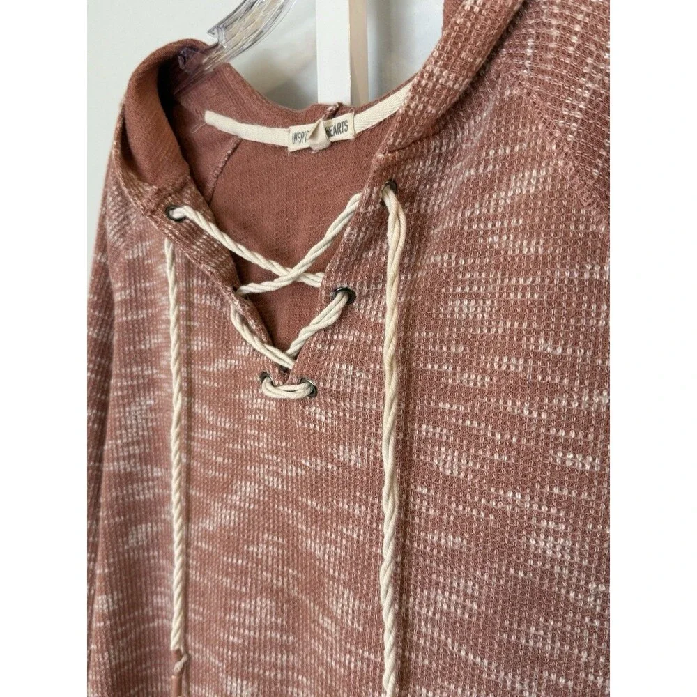 Inspired Hearts Women’s 1X Hoodie Top Pink Lace-Up Neck Waffle Knit Long Sleeve